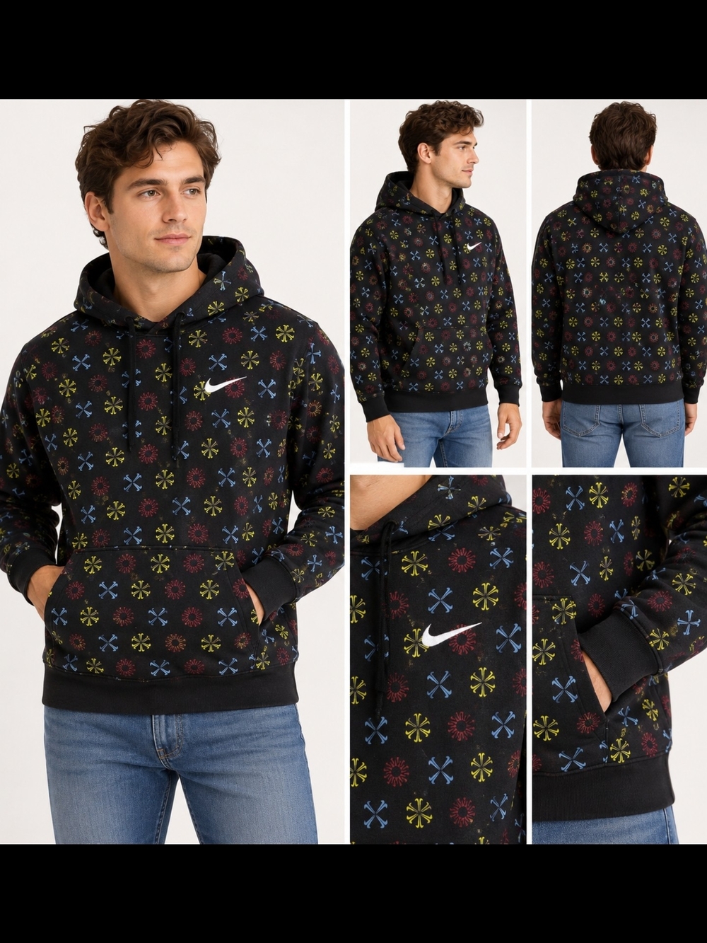 Nike Men’s Black Multicolor Patterned Hoodie